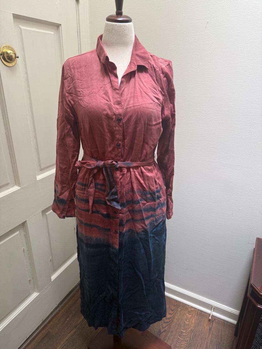cloth & stone Rust and Navy Button-Front Tie-Dye Shirt Dress